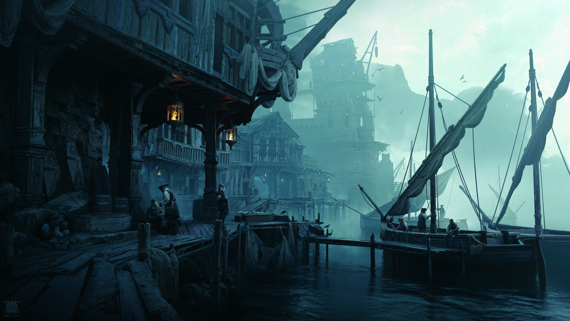 Concept art showing a dock in fog