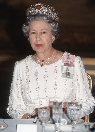 Queen Elizabeth II wearing the Queen Burmese Ruby Tiara in Paris