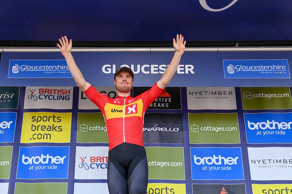 Picture by Simon Wilkinson/SWpix.com - 09/09/2023 - Cycling - 2023 Tour of Britain - Stage 7: Tewkesbury to Gloucester (170.9km) - Ramus Tiller of Team Uno-X Pro Cycling on the podium after taking the victory in stage Stage 7 of the 2023 Tour of Britain in Gloucester