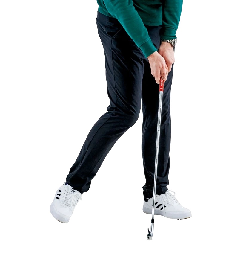 Russell Covey demonstrating a good impact position with the lead foot flared