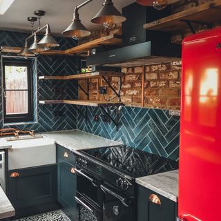 kitchen with red fridge