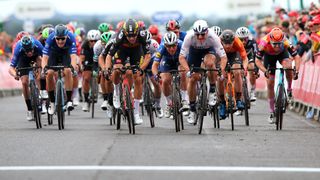 Cyclists sprint for the line at the Tour of Britain