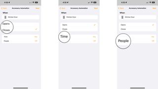 How to create an accessory automation in the Home app on the iPhone by showing steps: Tap an Accessory state, Tap Time, Tap People.
