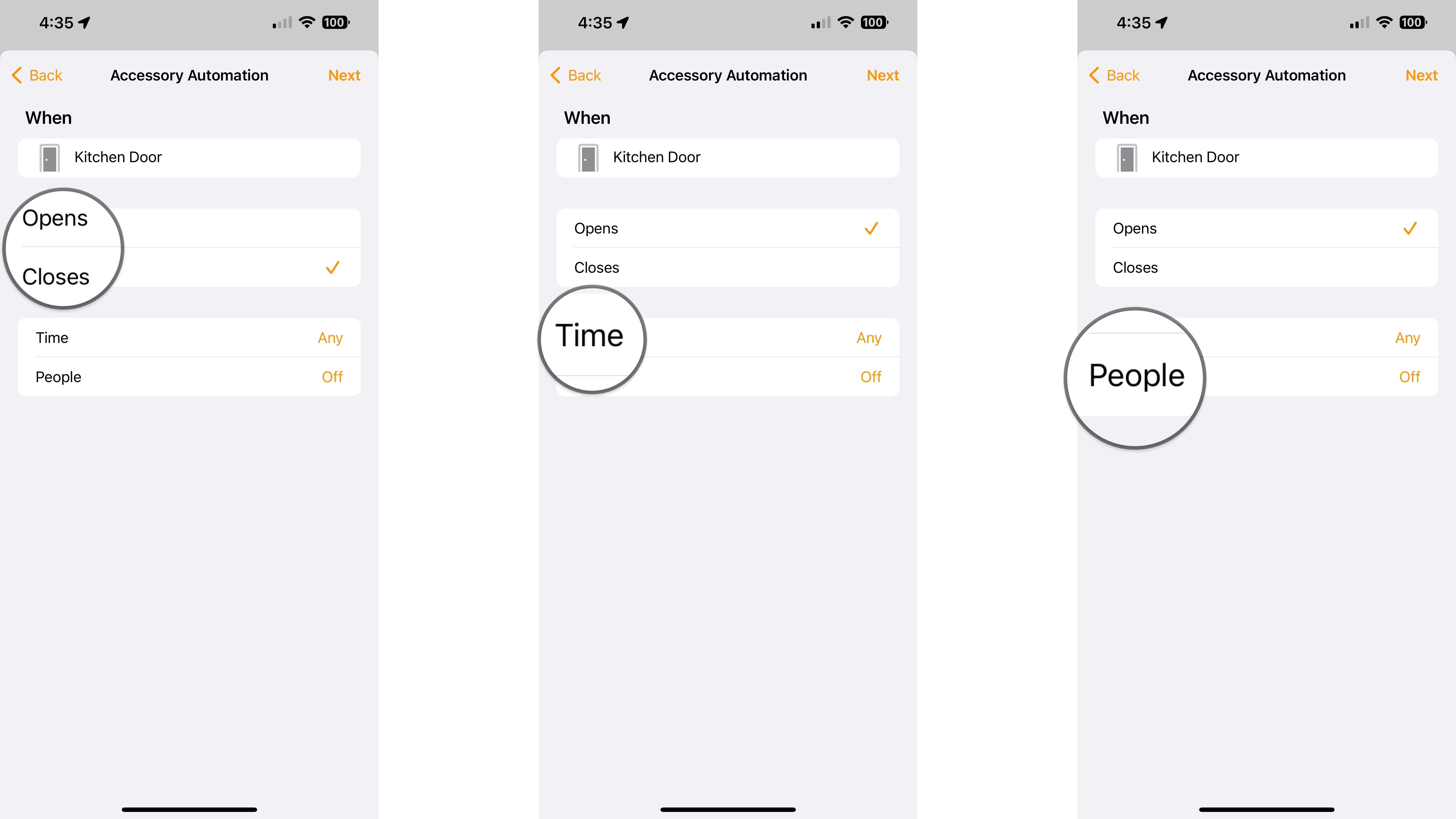 How to create an accessory automation in the Home app on the iPhone by showing steps: Tap an Accessory state, Tap Time, Tap People.