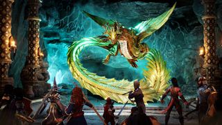 A gold dragon faces a party of adventurers in an underground area