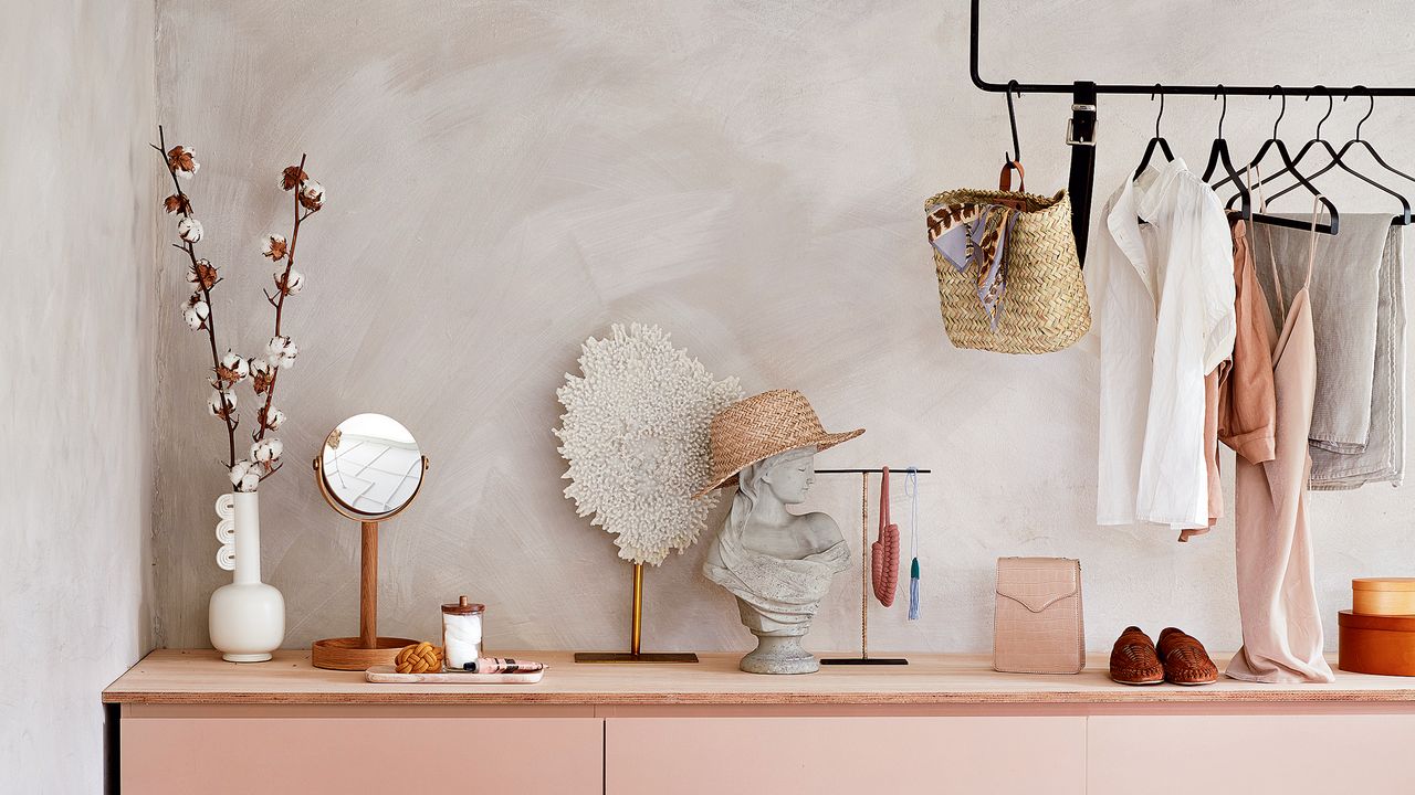 Pink dressing table with hanging rail 