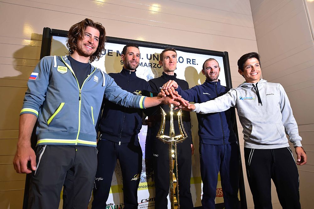Peter Sagan (Tinkoff), Vincenzo Nibali (Astana), Alejandro Valverde (Movistar), Tejay van Garderen (BMC) and Estaban Chaves (Orica-GreenEdge) at Tirreno-Adriatico