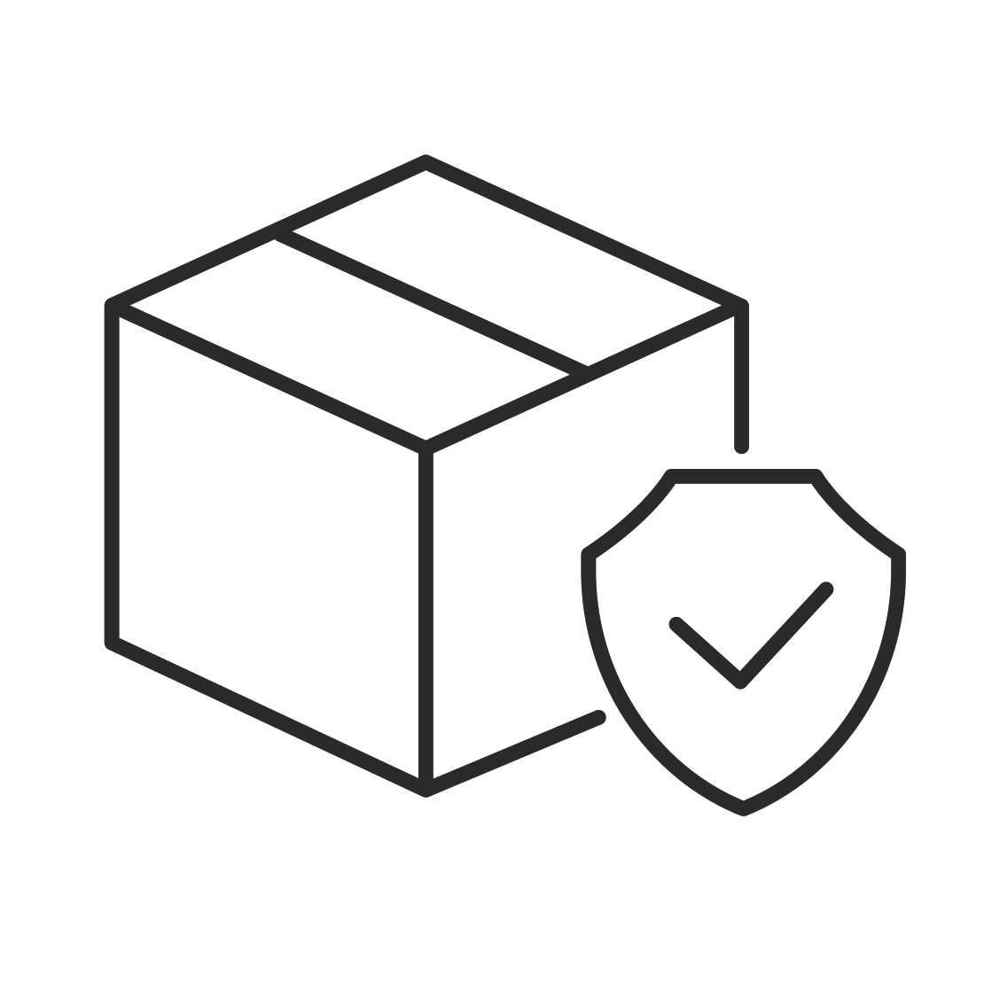 A symbol of a packaging box with a verification check mark next to it