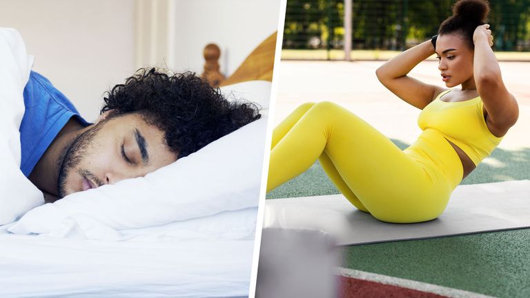 Man asleep on the left, woman doing an ab crunch on the right