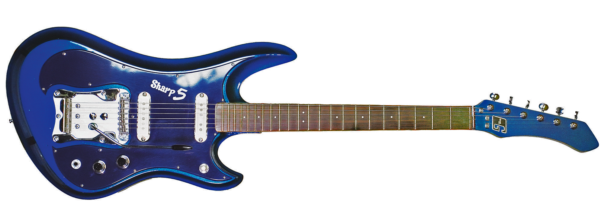 A photo showing a detail of a 1968 Guyatone LG 350-T Sharp 5 electric guitar