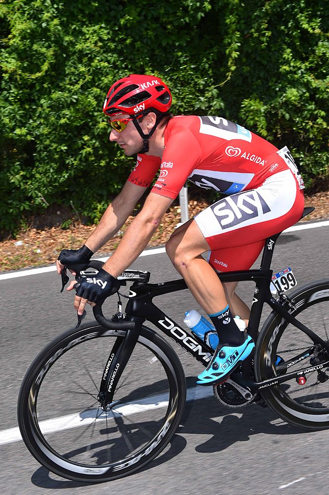 Team Sky's Elia Viviani wears the red points leader jersey
