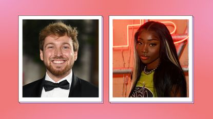 Love Island Aftersun: Sam Thompson pictured smiling in a suit alongside a picture of Indiyah Polack, posing in front of a orange backdrop/ in a pink and orange template