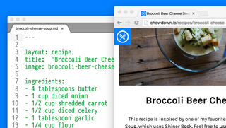 Chowdown in a single image. On the left: a plaintext Markdown file. On the right: the resulting recipe page, with photos and a nice layout
