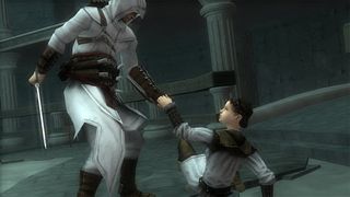 Best Assassin's Creed games: Altaïr Ibn-LaʼAhad helping a young woman during the game Assassin's Creed Bloodlines.