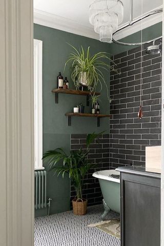Dark Green bathroom with green metro tiles