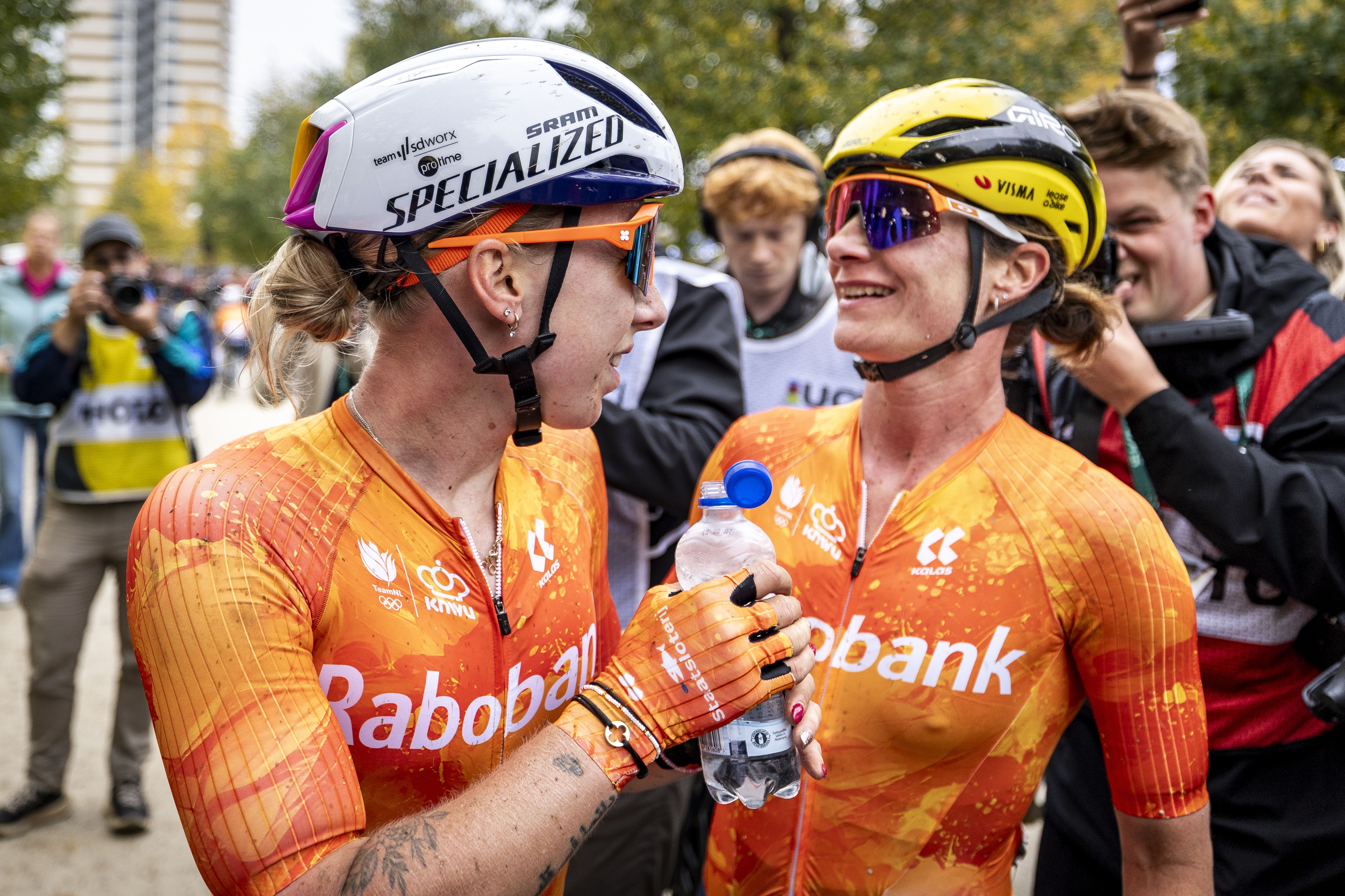 Mandatory Credit: Photo by Hollandse Hoogte/Shutterstock (15530372ad)
Cyclist Lorena Wiebes (L), pictured here with Marianne Vos after crossing the finish line, wins the World Gravel Championship. This is the first time the championship has been held in the Netherlands.
Cycling: World Gravel Championships in Limburg, Day 1 - 11 Oct 2025