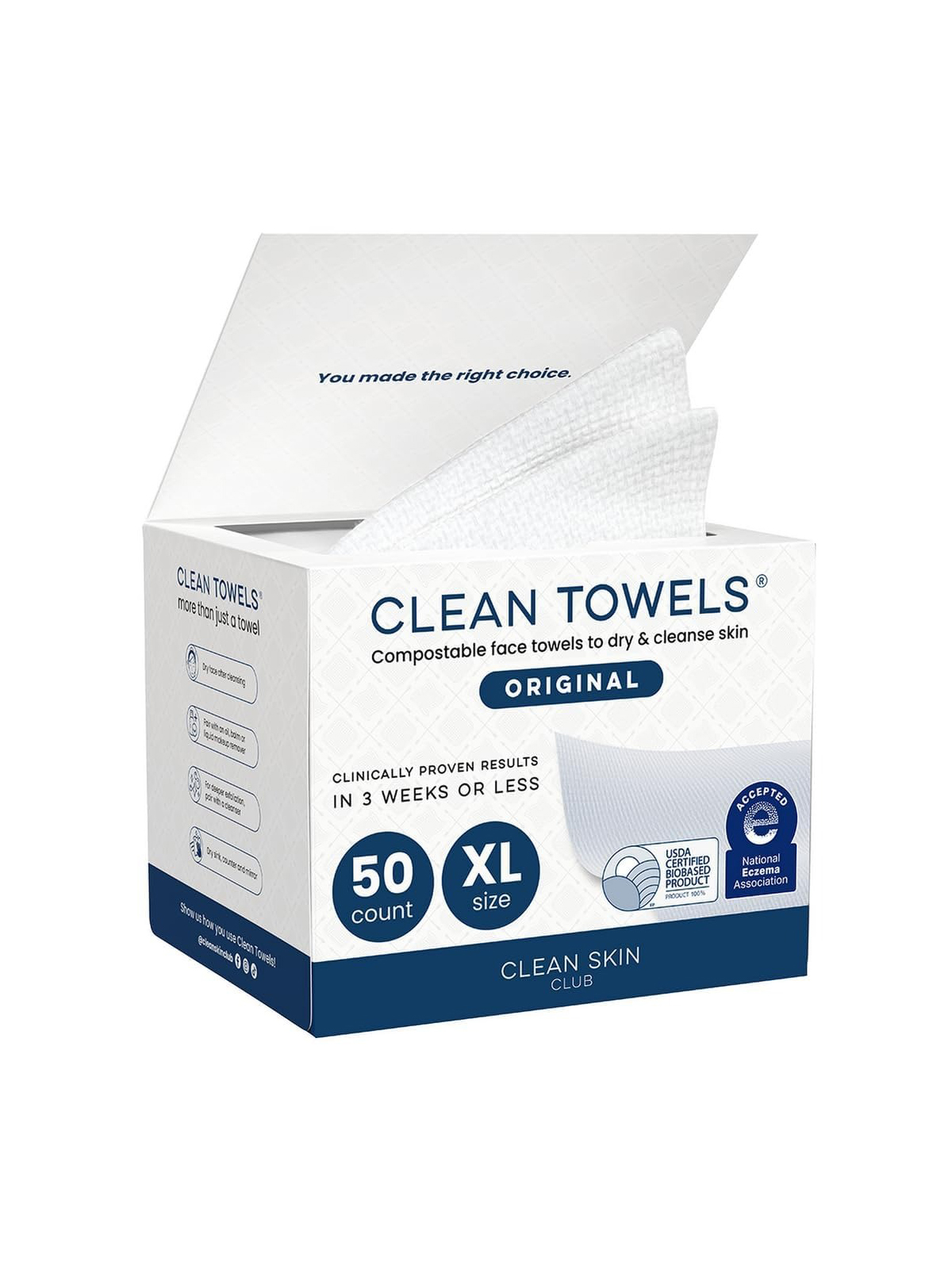 Clean Skin Club Clean Towels Xl&amp;reg;, 100% Usda Biobased Face Towel, Disposable Face Towelette, Eczema Association Accepted, Makeup Remover Dry Wipes, Ultra Soft, 1 Pack, 50 Ct