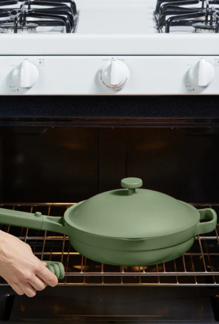 always pan in sage green sitting in an oven