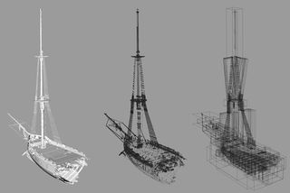 Left: Original model of the pirate ship with dense geometry. Centre: Proxy model viewed as a point cloud. Right: Proxy model viewed as bounding boxes
