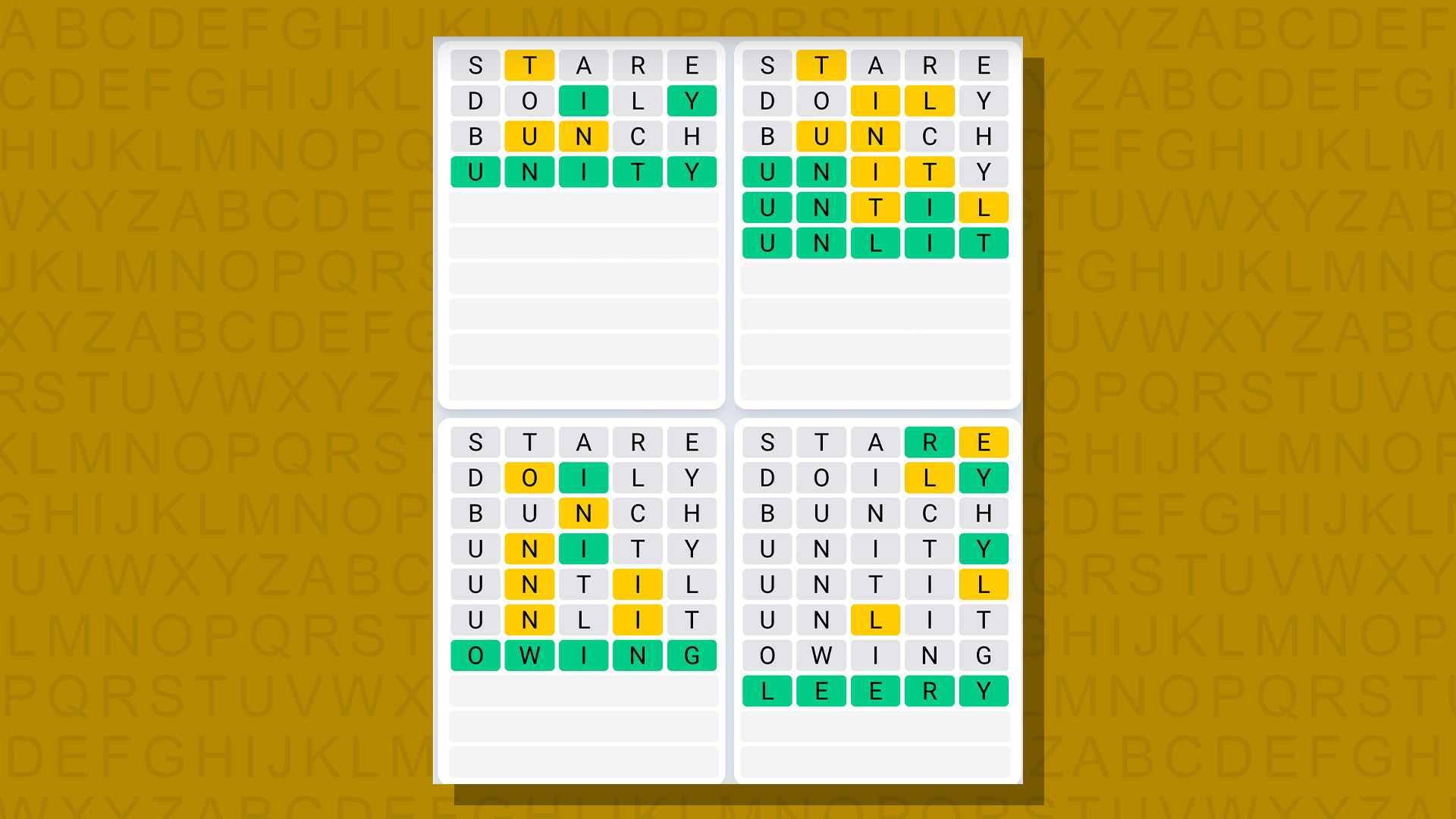 Quordle daily sequence answers for game 686 on a yellow background
