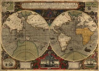 'Vera Totius Expeditionis Nauticae', a map showing the first English circumnavigation of the globe by Sir Francis Drake in 1577-1580), as well as that of his countryman Thomas Cavendish a few years later (1586-1588). The map portrays the outlines of continents leaving the interiors blank, suggesting that the land areas were left unexplored. The marginalia includes the Elizabethan coat-of-arms, a vignette of Drake's ship the Golden Hind, and four corner illustrations. The drawing in the upper-left corner shows Drake's landing at Nova Albion in present-day California.