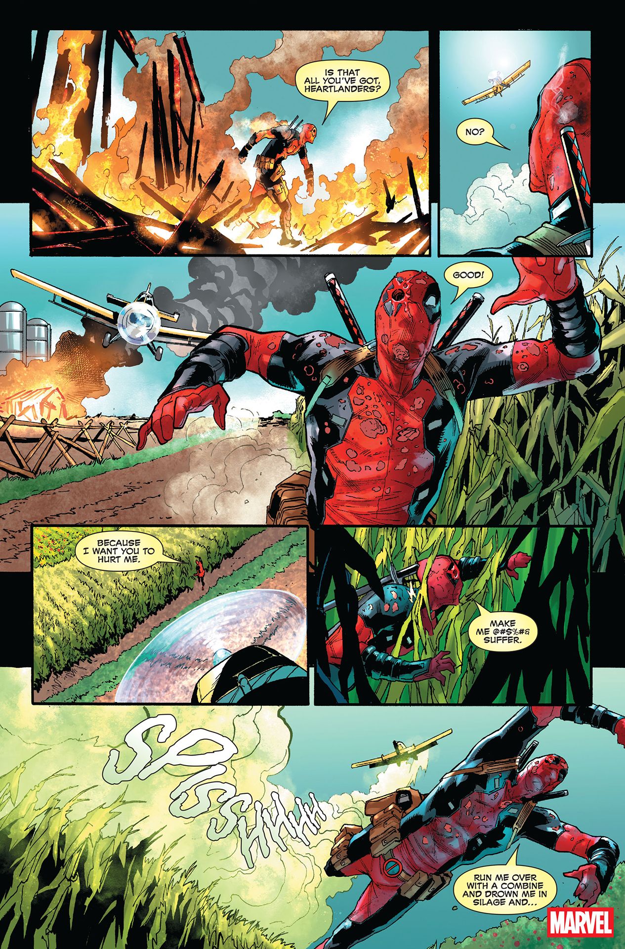 Deadpool running from a small plane as it dusts him with poison