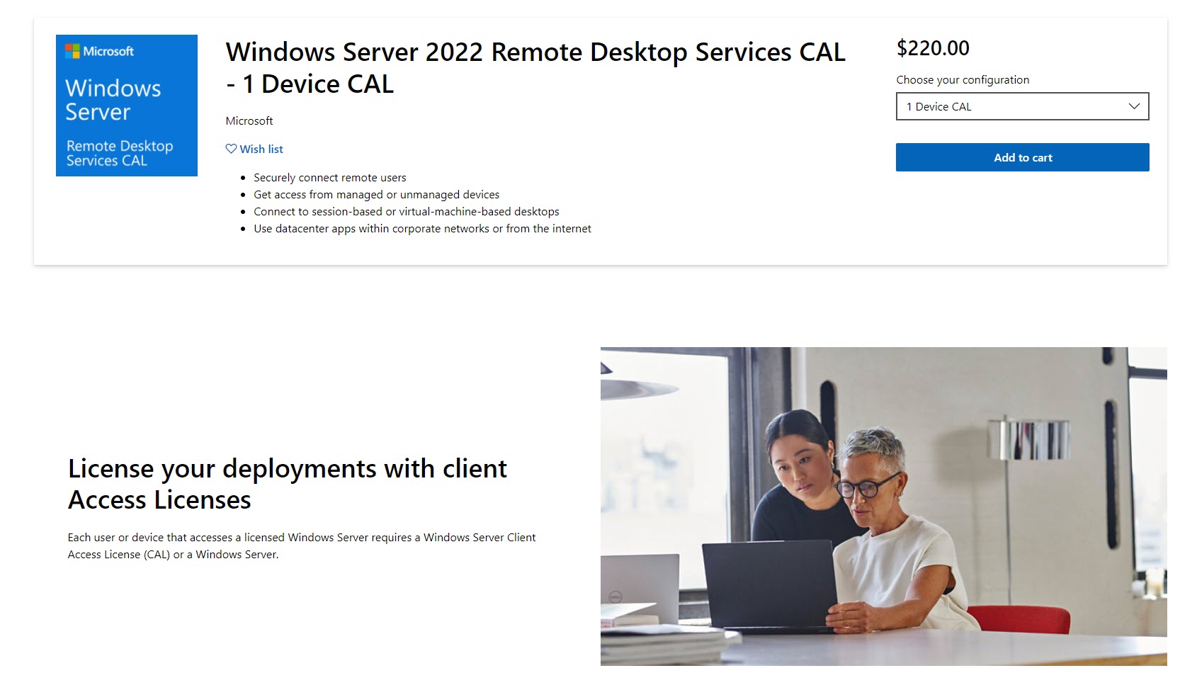 Screenshot of the Windows Server 2022 Remote Desktop Services CAL pricing