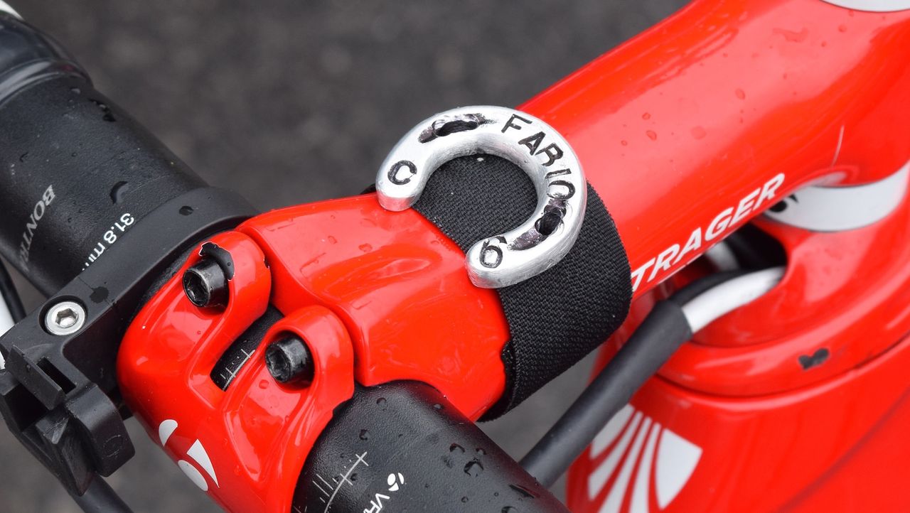Early race leader Fabio Felline has a lucky horseshoe on his stem