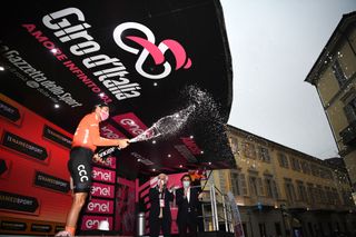 ASTI ITALY OCTOBER 23 Podium Josef Cerny of Czech Republic and CCC Team Celebration Champagne during the 103rd Giro dItalia 2020 Stage 19 a 1245km stage from Abbiategrasso to Asti Stage shortened due to heavy rain girodiitalia Giro on October 23 2020 in Asti Italy Photo by Tim de WaeleGetty Images