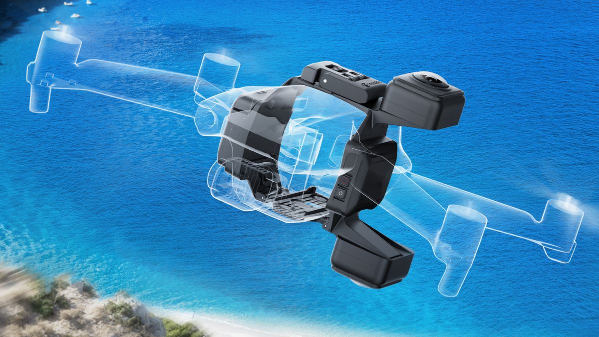 An illustration of a DJI drone carrying the Insta360 Sphere camera