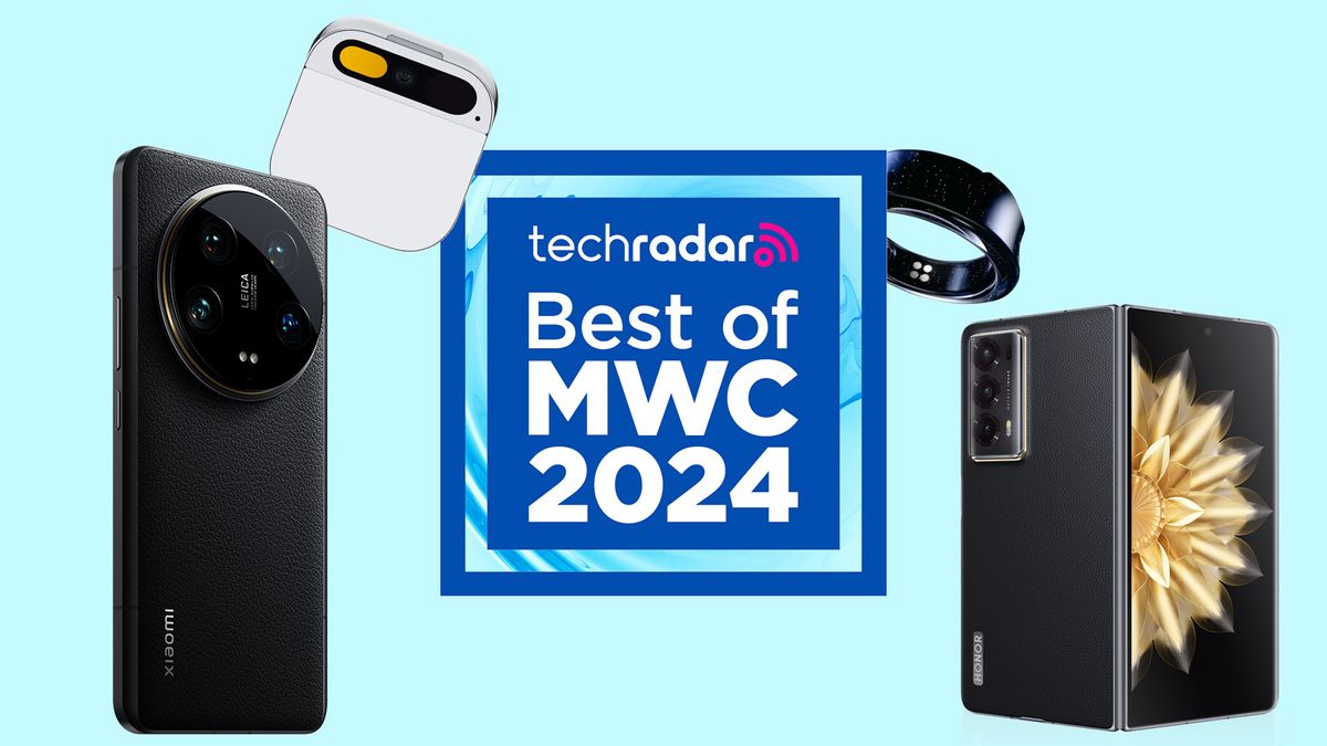 Honor Magic V2, Samsung Galaxy Ring, Humane AI Pin and Xiaomi 14 Ultra on a light blue background. In the center of the image there&#039;s a logo reading &#039;TechRadar Best of MWC 2024&#039;