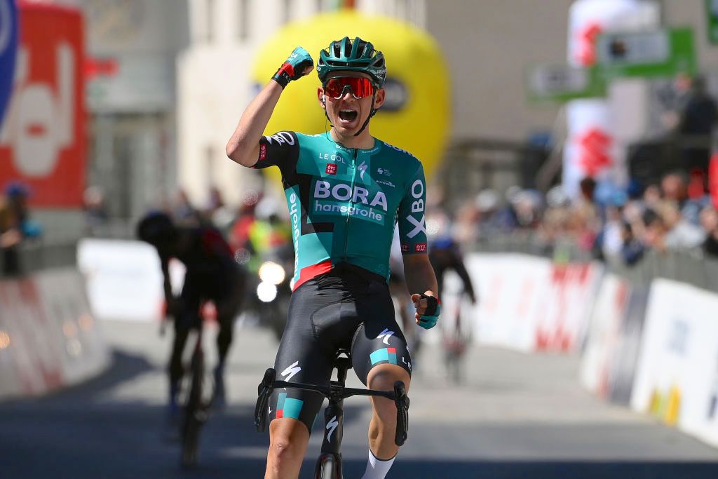 TOBLACH HOCHPUSTERTAL, ITALY - APRIL 20: Lennard K&Atilde;&curren;mna of Germany and Team Bora - Hansgrohe celebrates winning during the 45th Tour of the Alps 2022 - Stage 3 a 154,6km stage from Lana to Villabassa / #TouroftheAlps / on April 20, 2022 in Toblach Hochpustertal, Italy. (Photo by Tim de Waele/Getty Images)