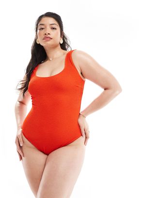 Asos Design Curve Crinkle Scoop Low Back Swimsuit in Tomato Red