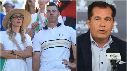 Rory McIlroy and wife Erica pictured at the Ryder Cup alongside PGA of America CEO Derek Sprague