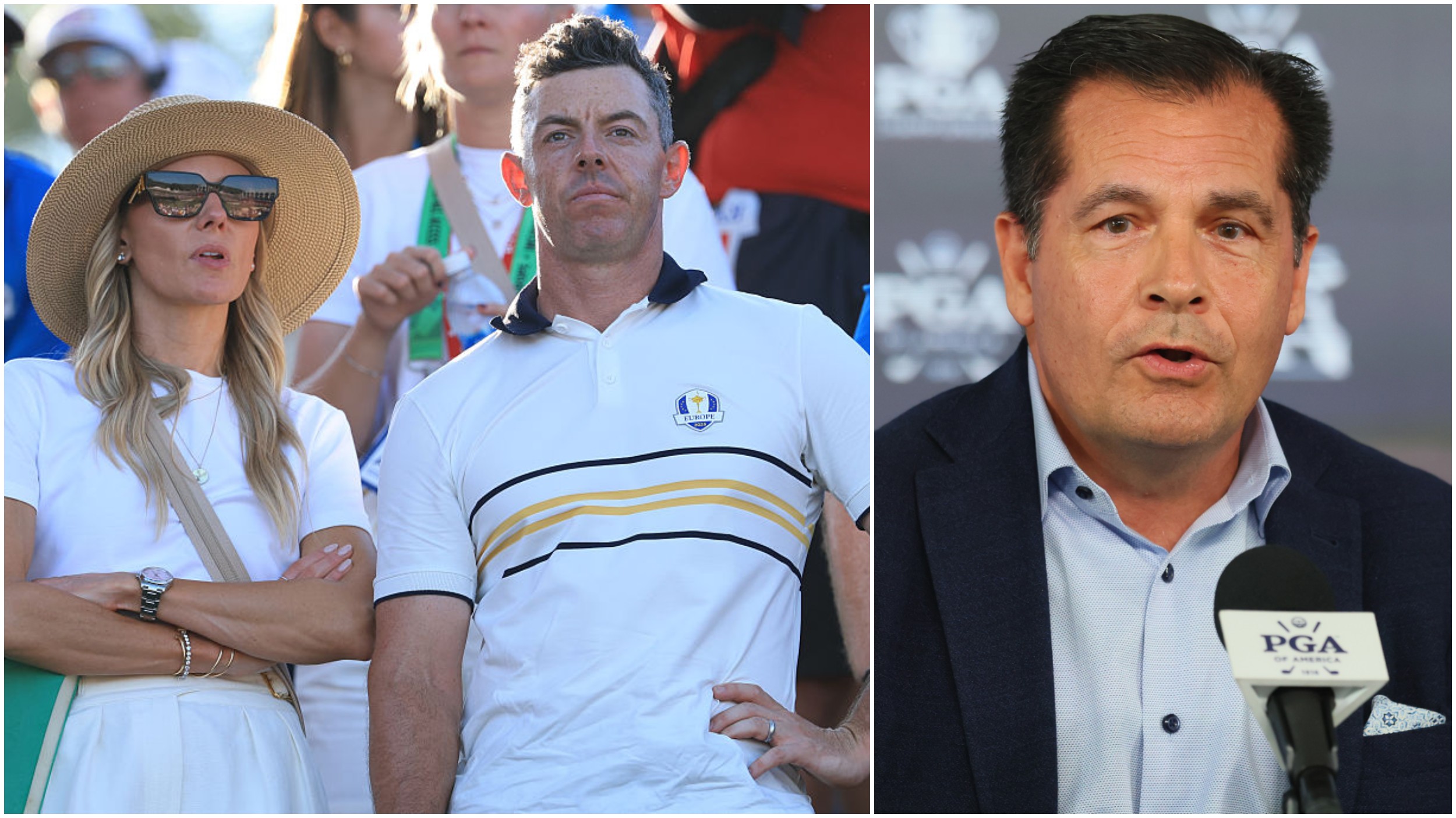 Rory McIlroy and wife Erica pictured at the Ryder Cup alongside PGA of America CEO Derek Sprague