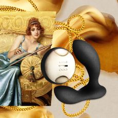 collage of woman reclining, gold detailing, and luxury sex toy