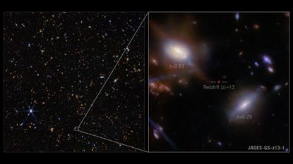 An image of a distant galaxy with a zoomed-in inset