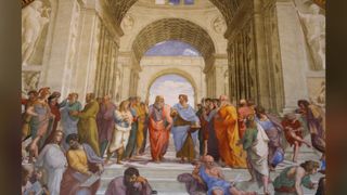 A depiction of the School of Athens, with Aristotle in the center, created by Raphael between 1508 and 1511.