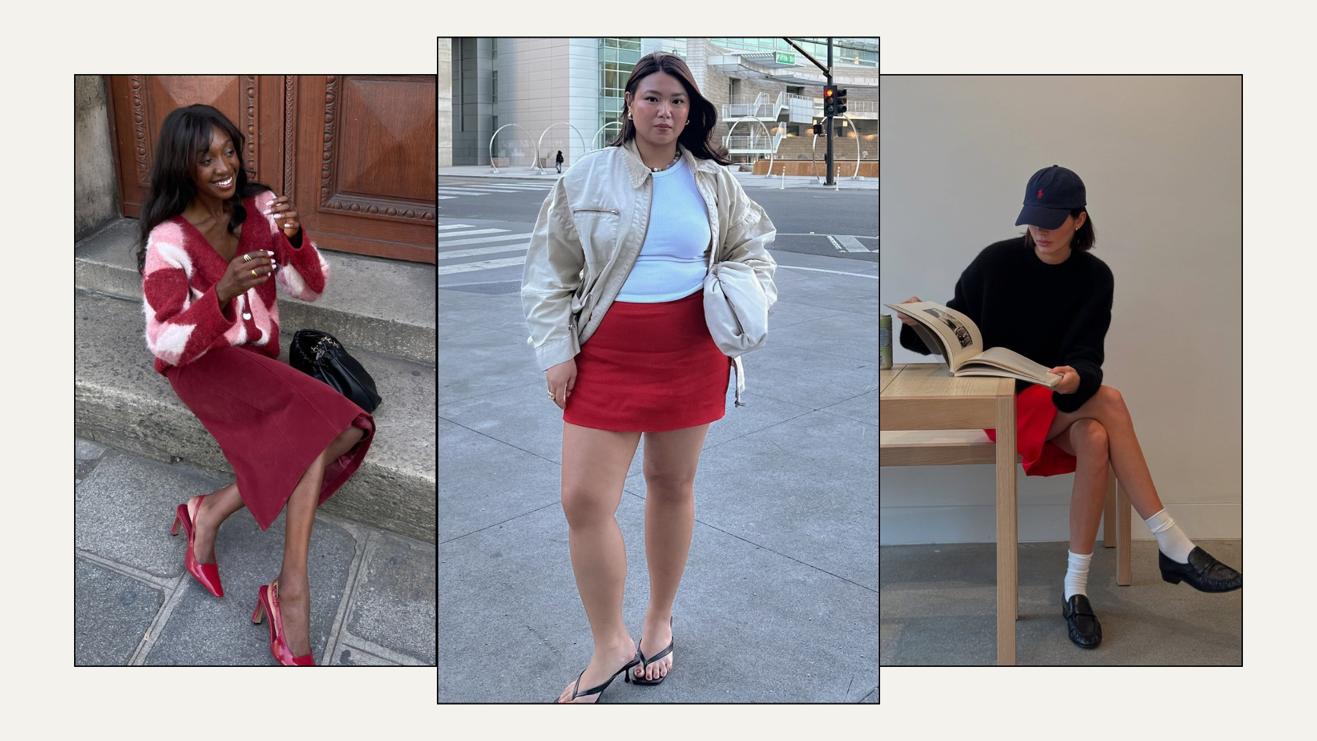 Three fashion people wear red skirt outfits 