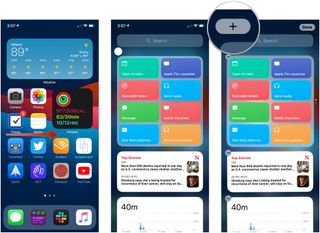 Add a widget to Today, showing how to swipe on the Home screen, then tap and hold an empty space, then tap +