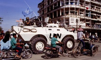 UN peacekeepers from Indonesia patrol the streets of Phnom Penh in 1993: The U.N. mission ended Cambodia's two-decade long war and help set up democratic elections.