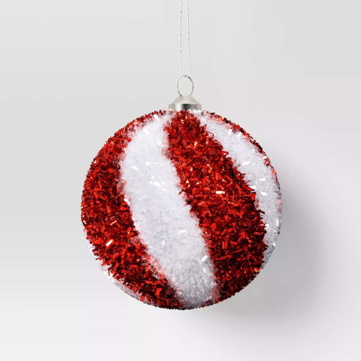 Christmas Tinsel Ball Peppermint Red and White Ornament - Wondershopu0026#8482;