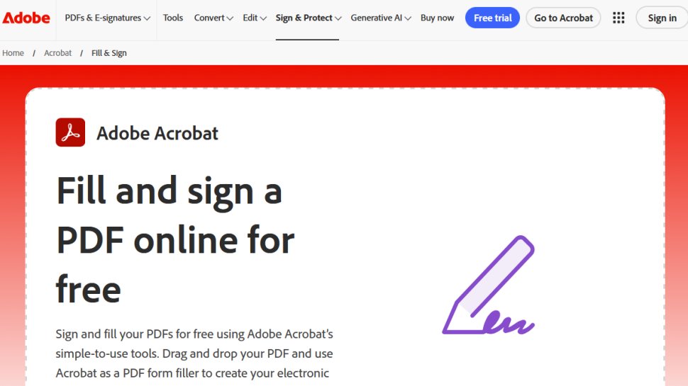 Adobe Fill &amp;amp; Sign website screenshot (February 2026).