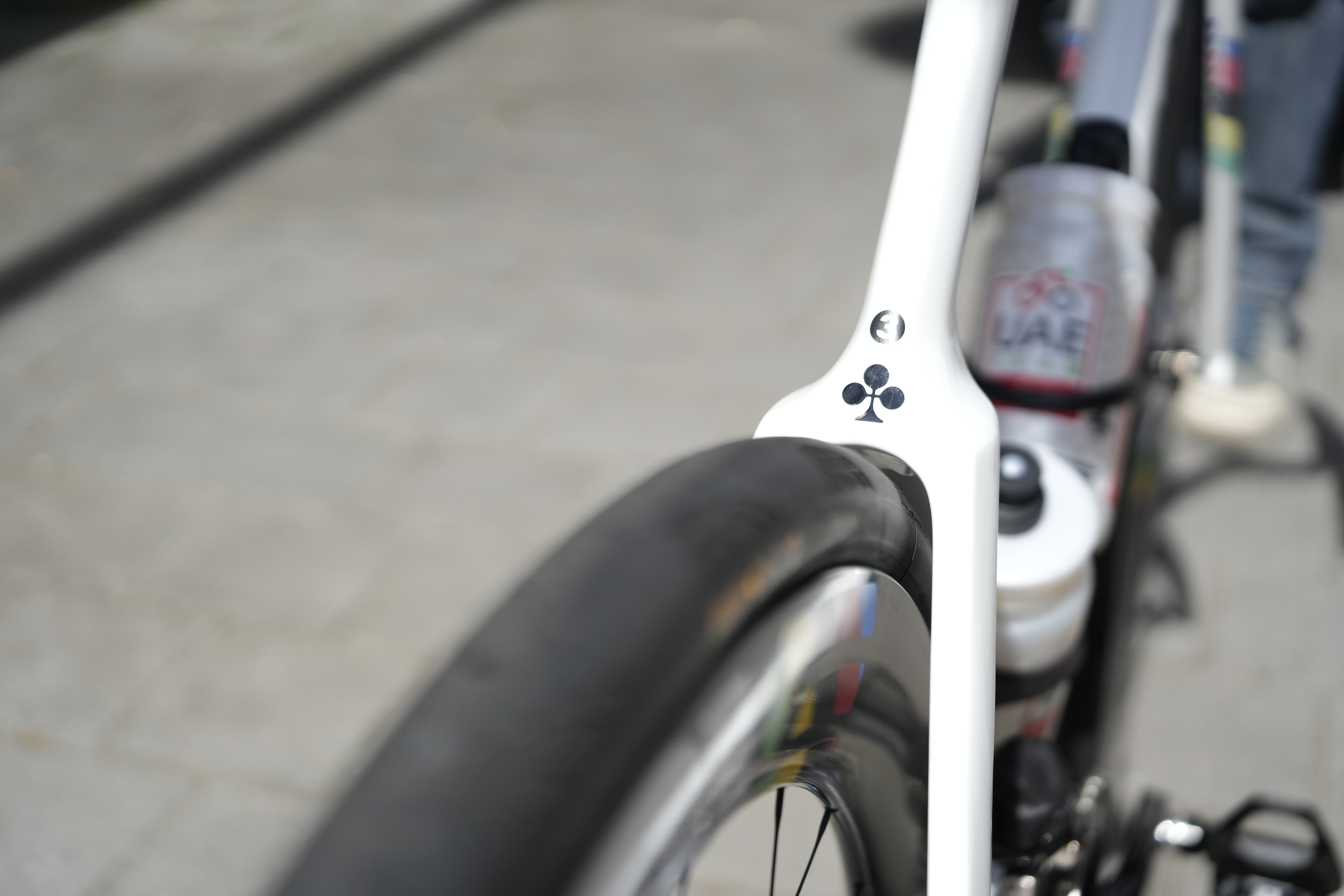 Detail of Tadej Pogačar Colnago Y1Rs and rear tyre clearance