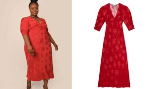red jacquard dress
