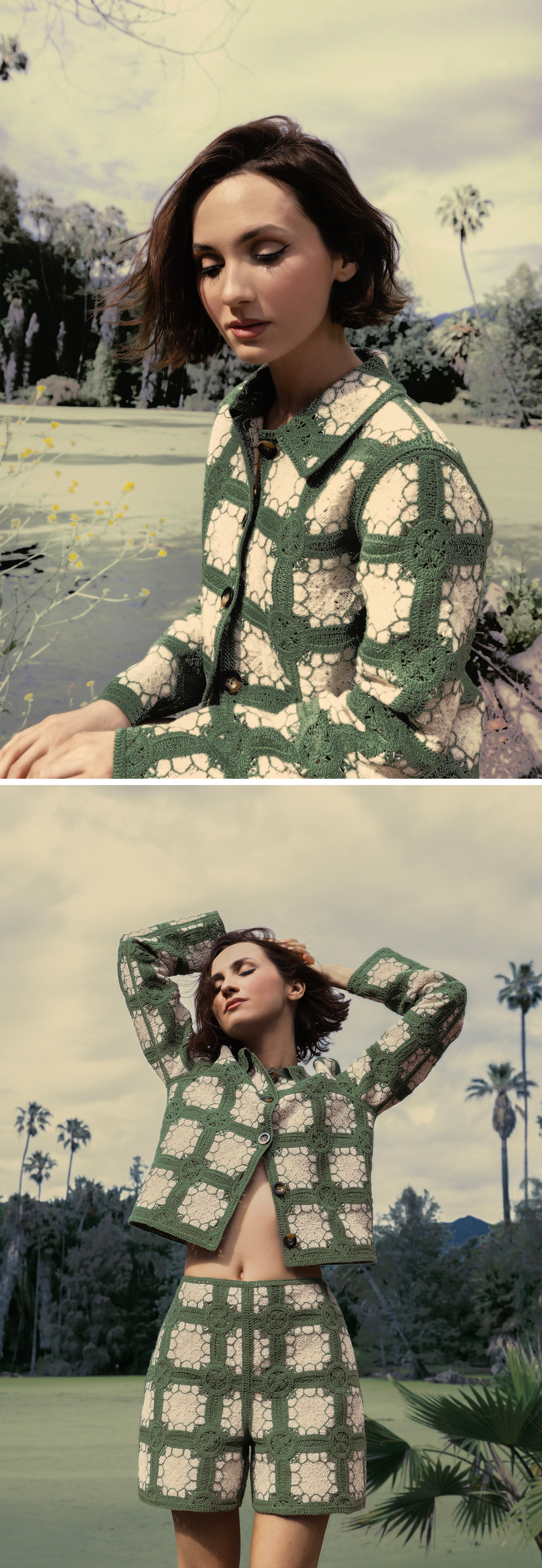 Maude Apatow photographed by Dana Trippe for Who What Wear wearing a matching green and white lace set from Boden.