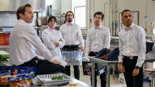 Ryan Hansen, Zoe Chao, Martin Starr, Adam Scott and Tyrel Jackson Williams in Party Down