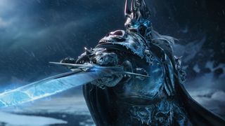 Wrath of the Lich King Classic - The Lich King stands with Frostmourne pointing towards the camera