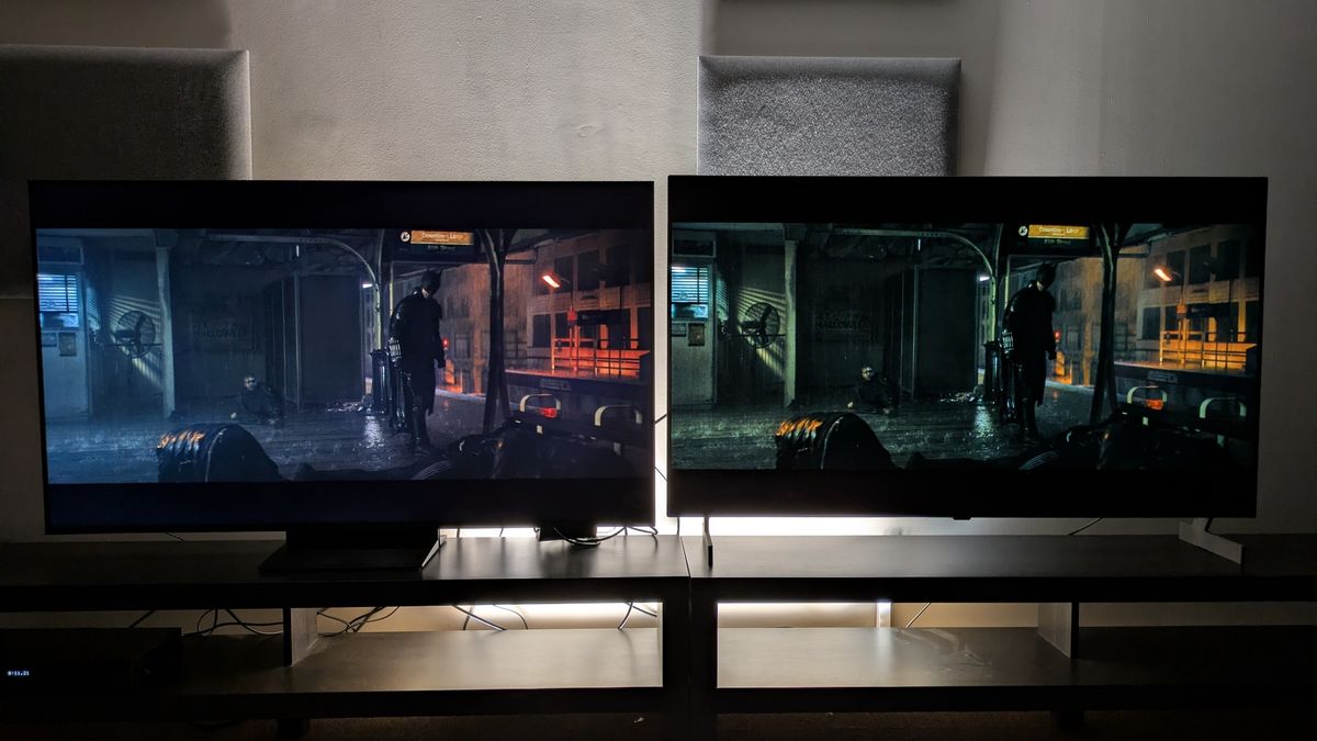 TCL C7L (left) vs LG B6E (right) with Batman stood in a subway platform from The Batman