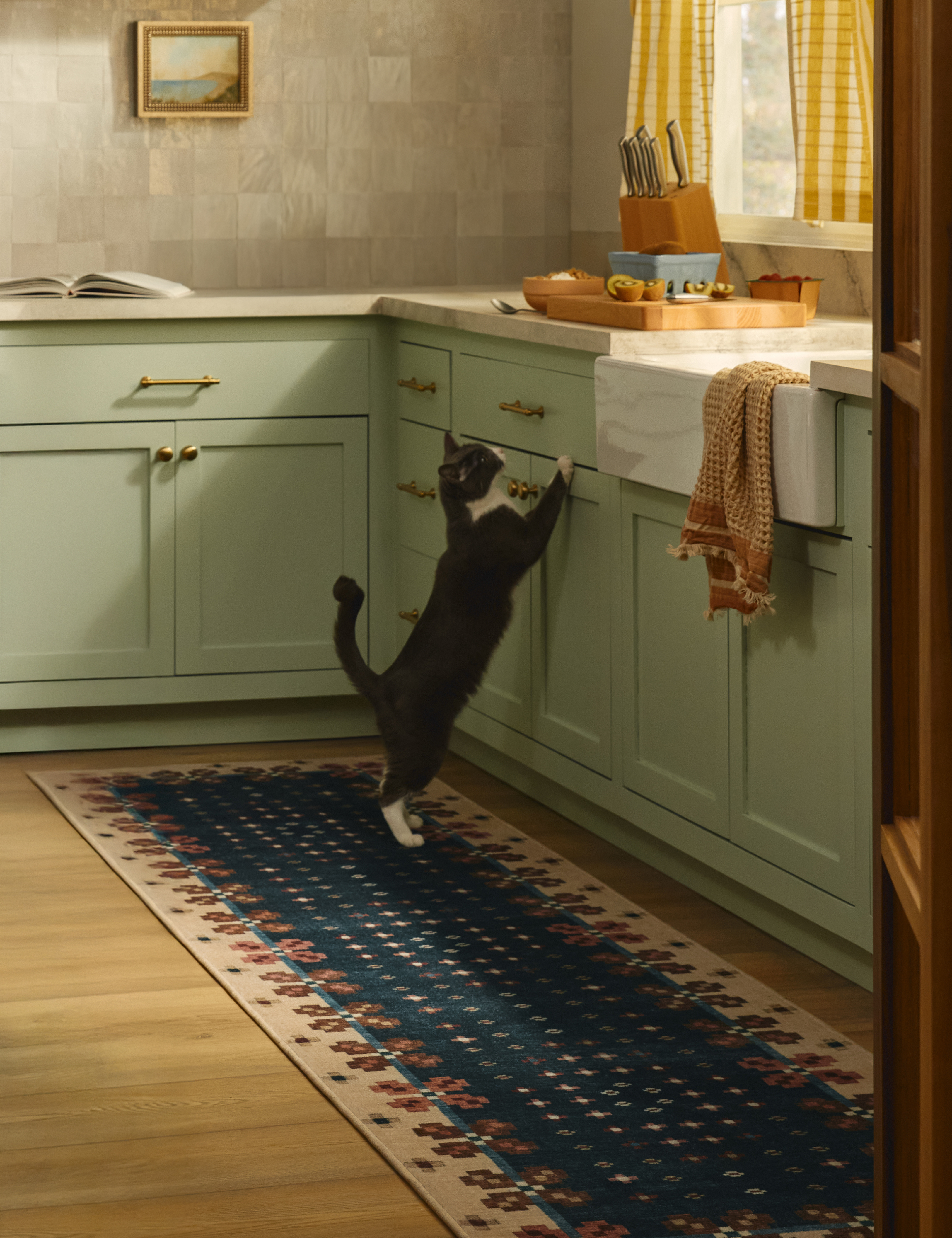 Kitchen featuring sage green cabinetry, gingham cafe curtains, a patterned runner rug, and a cat attempting to leap onto the countertop.